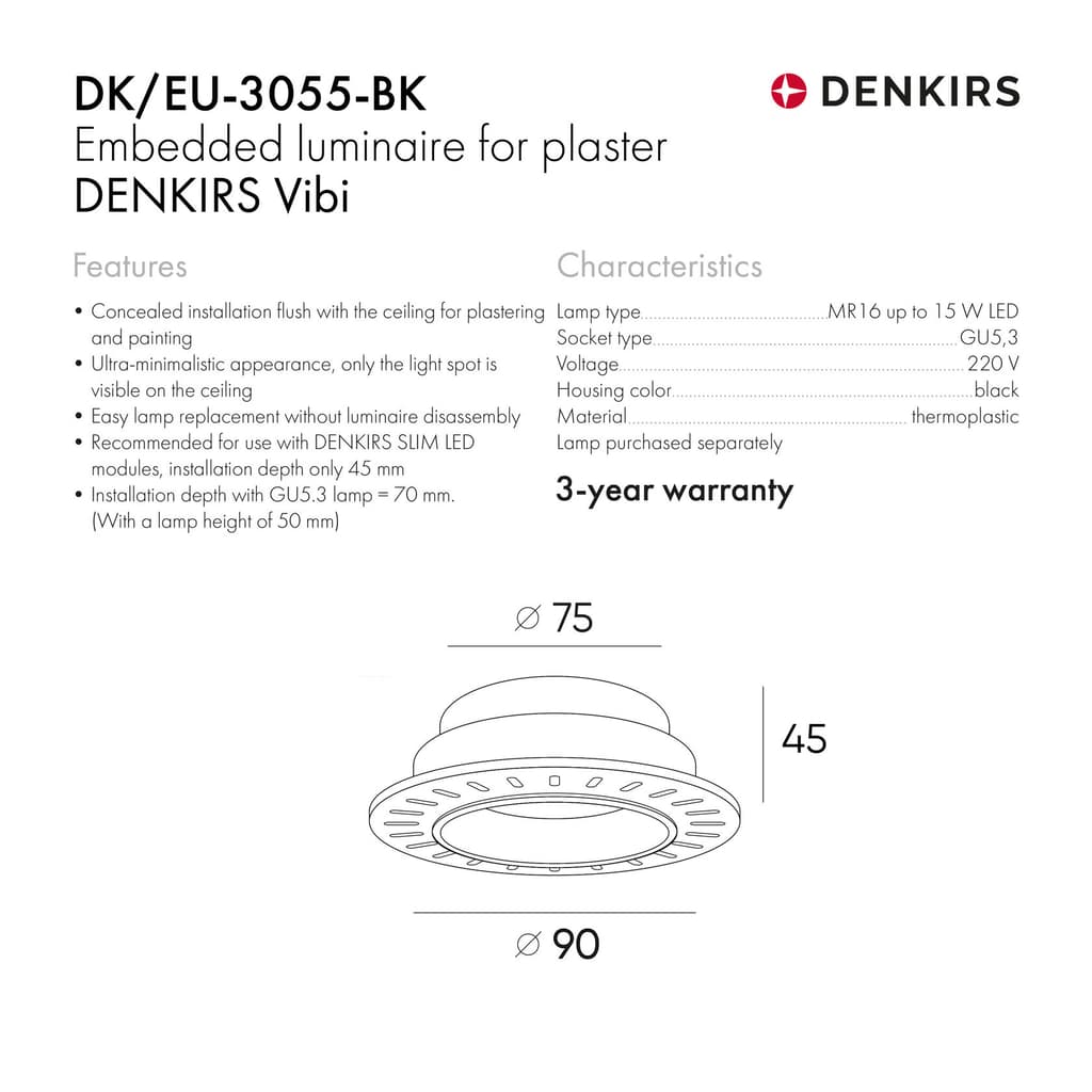DENKIRS VIBI – zápustné bodové svietidlo, dĺžka 96 mm, Ø 96 mm, čierna – obrázok 4